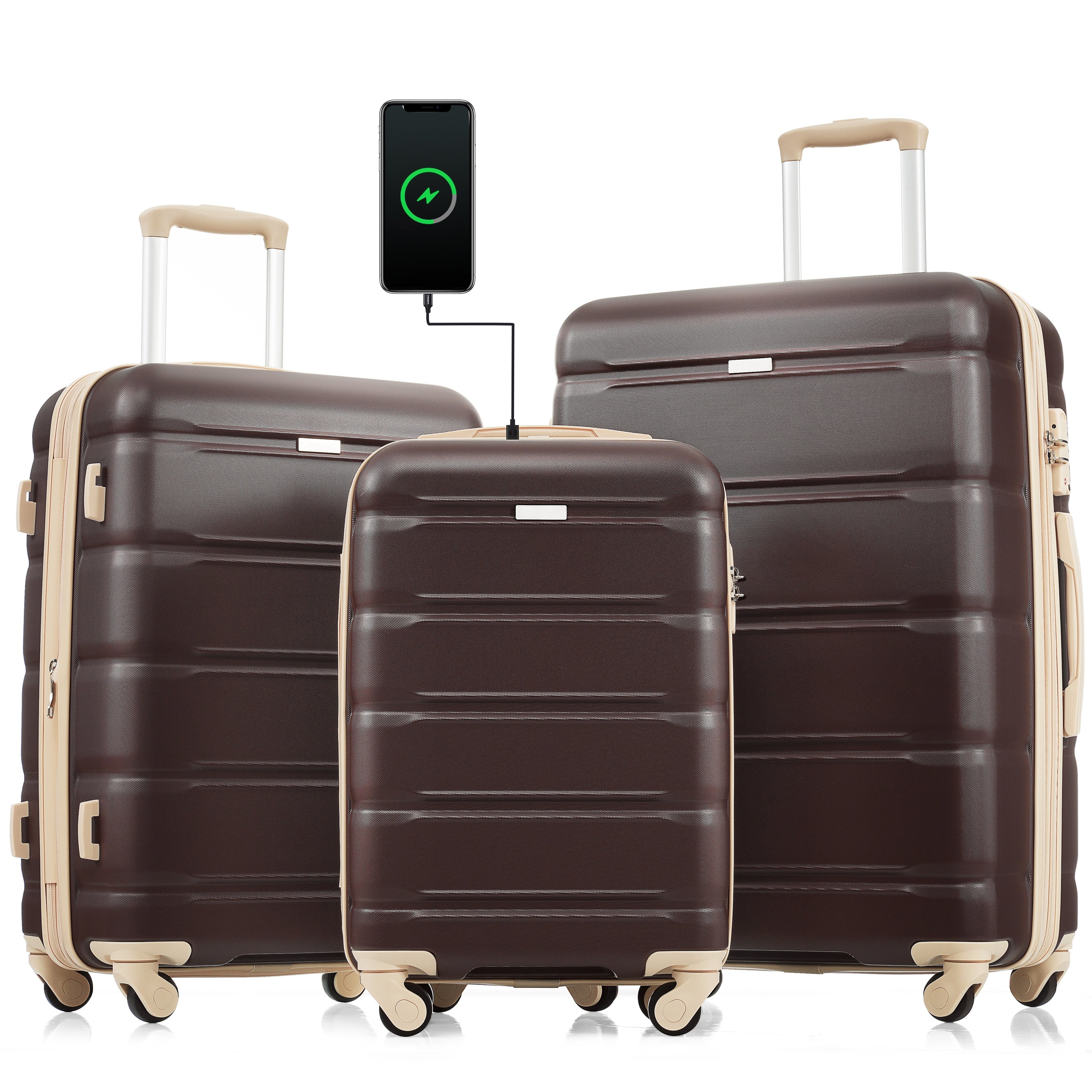3 Pcs Luggage Set 20 inch with USB Port Cup Holder ABS Hard Shell Overstock