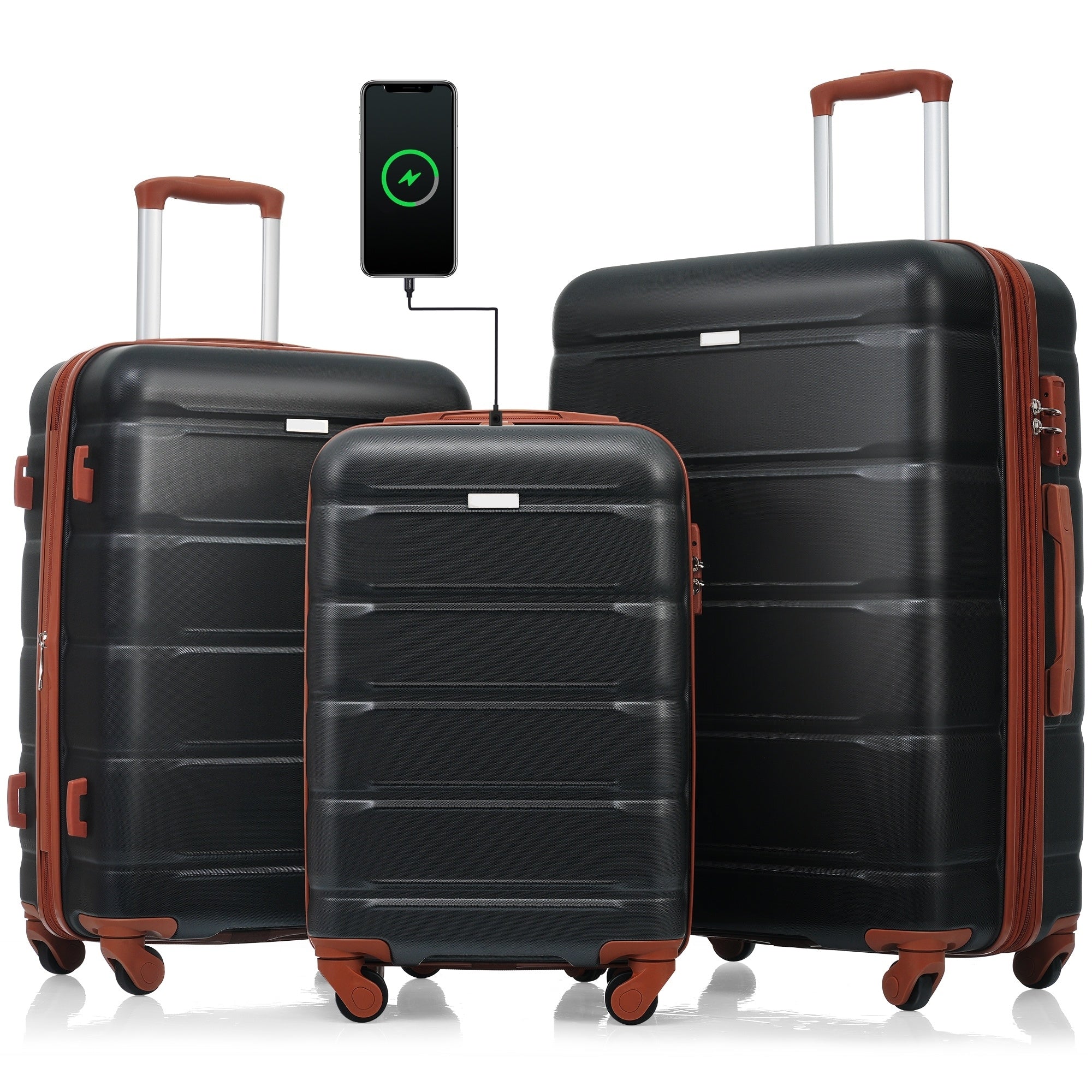 3 Pcs Luggage Set 20 inch with USB Port Cup Holder ABS Hard Shell Overstock