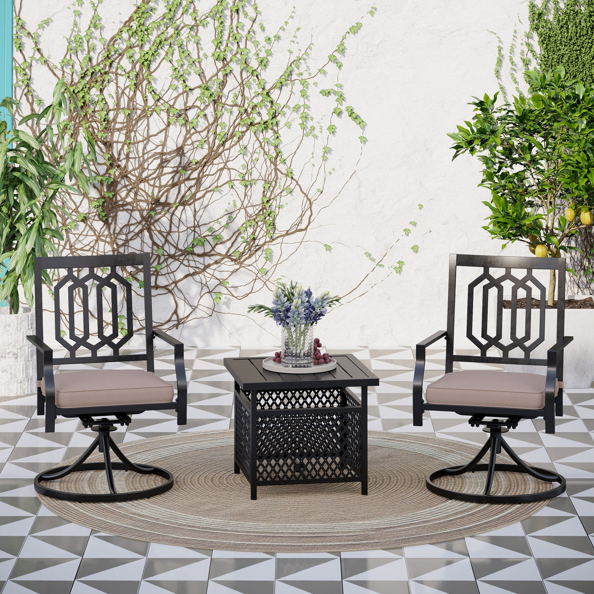 MAISON ARTS 3-Pcs Outdoor Dining Set, 2 Steel Swivel Dining Chair with Cushion and 1 Black Small Metal Square Coffee Table