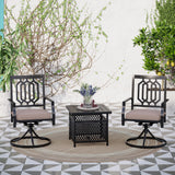 MAISON ARTS 3-Pcs Outdoor Dining Set, 2 Steel Swivel Dining Chair with Cushion and 1 Black Small Metal Square Coffee Table
