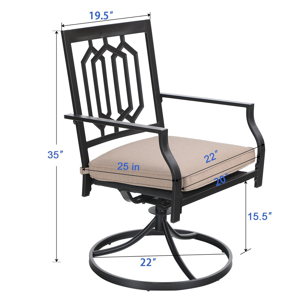 MAISON ARTS 3-Pcs Outdoor Dining Set, 2 Steel Swivel Dining Chair with Cushion and 1 Black Small Metal Square Coffee Table