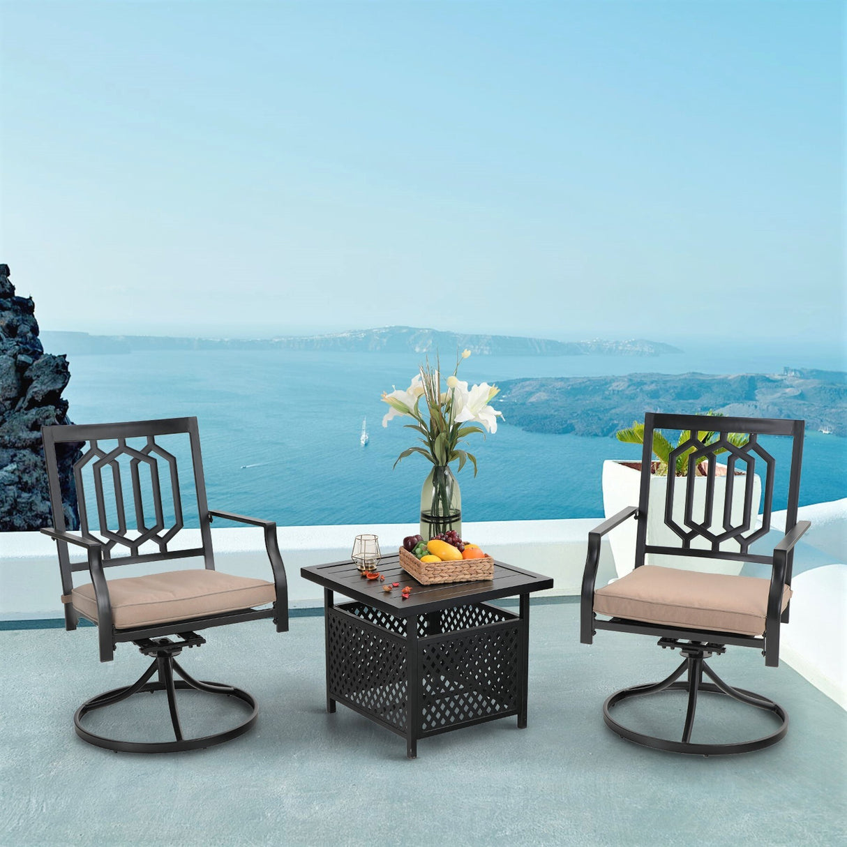 MAISON ARTS 3-Pcs Outdoor Dining Set, 2 Steel Swivel Dining Chair with Cushion and 1 Black Small Metal Square Coffee Table