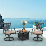 MAISON ARTS 3-Pcs Outdoor Dining Set, 2 Steel Swivel Dining Chair with Cushion and 1 Black Small Metal Square Coffee Table