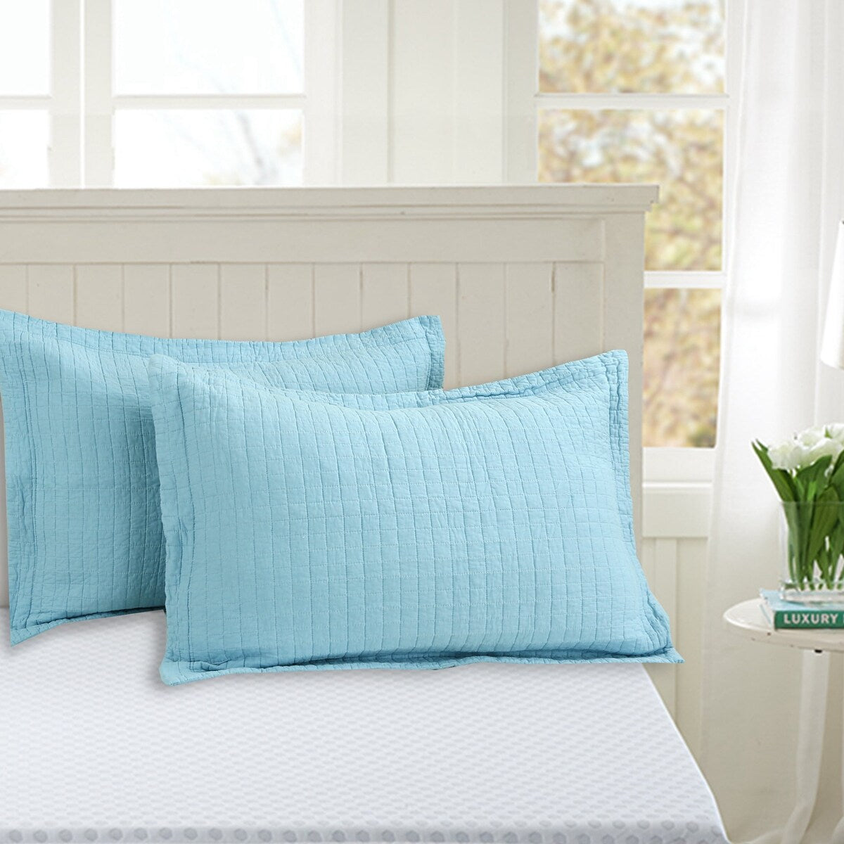 3 Pcs White Cotton Quilt Set Lightweight Bedspread Set Check