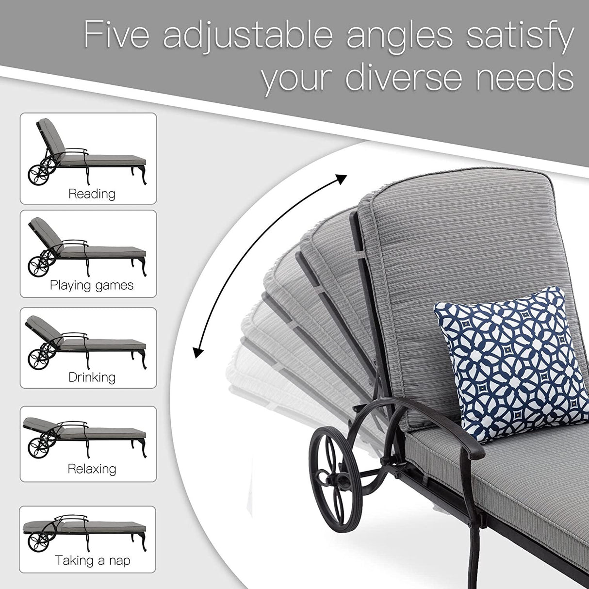 3-Piece Aluminum Reclining Outdoor Chaise Lounge with Table and Cushions