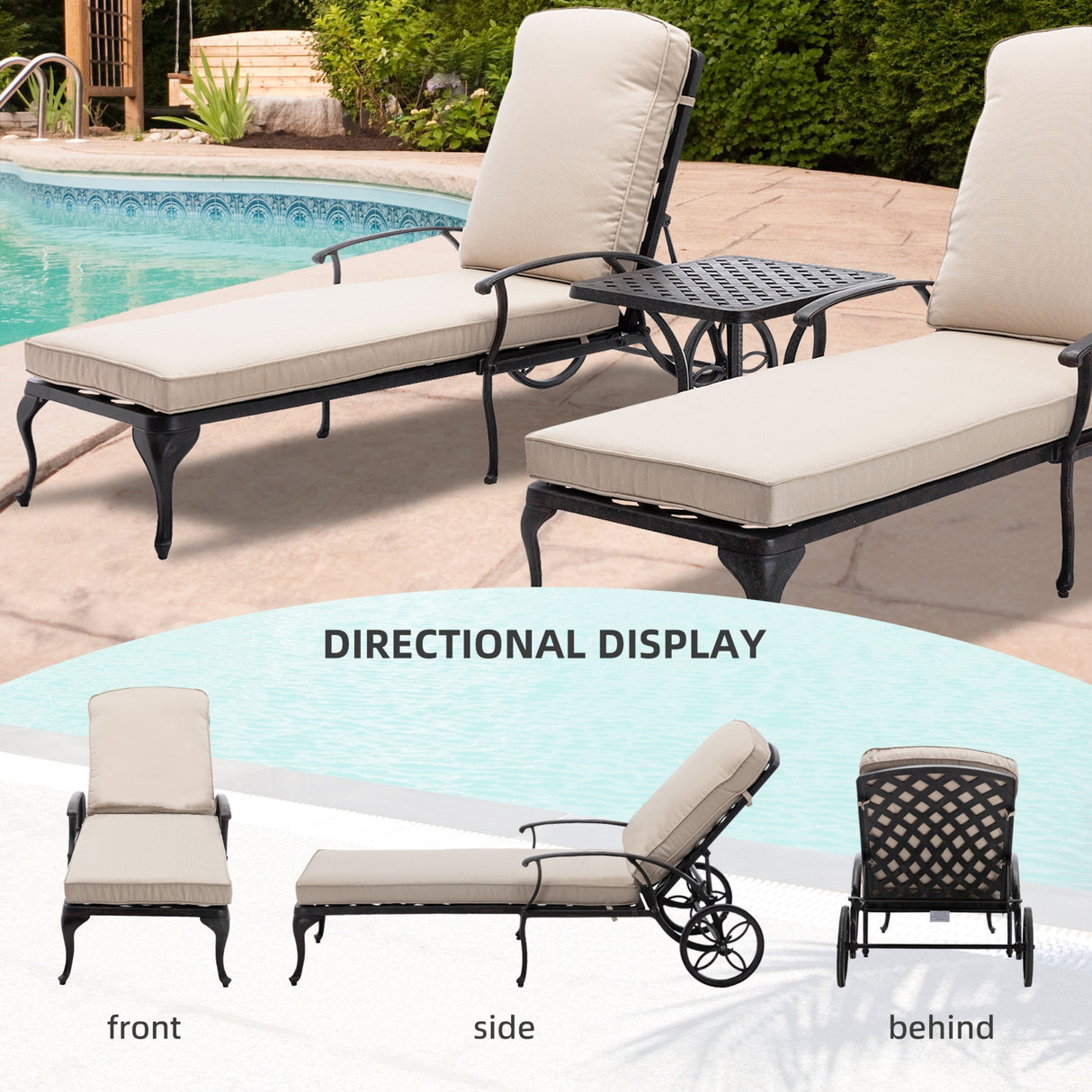 3-Piece Aluminum Reclining Outdoor Chaise Lounge with Table and Cushions