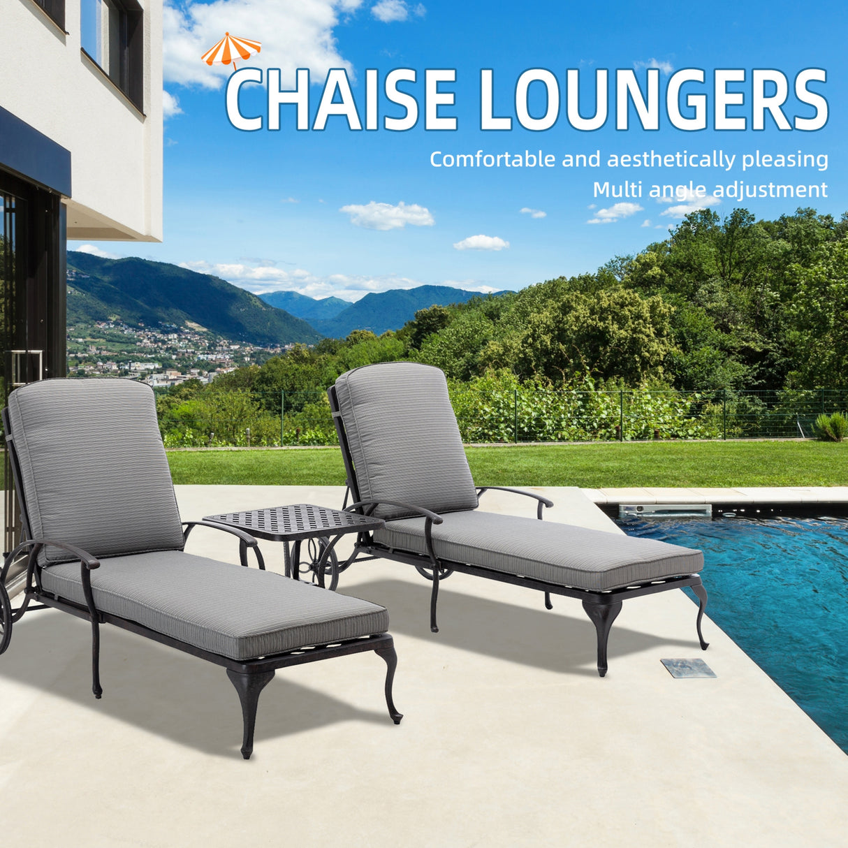3-Piece Aluminum Reclining Outdoor Chaise Lounge with Table and Cushions