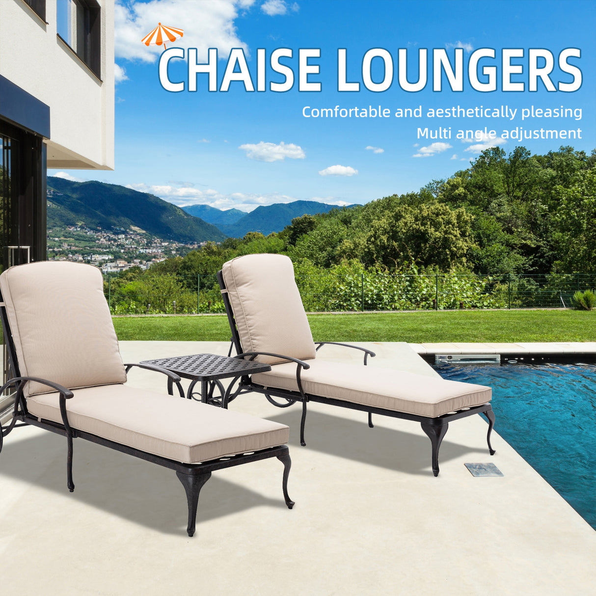 3-Piece Aluminum Reclining Outdoor Chaise Lounge with Table and Cushions