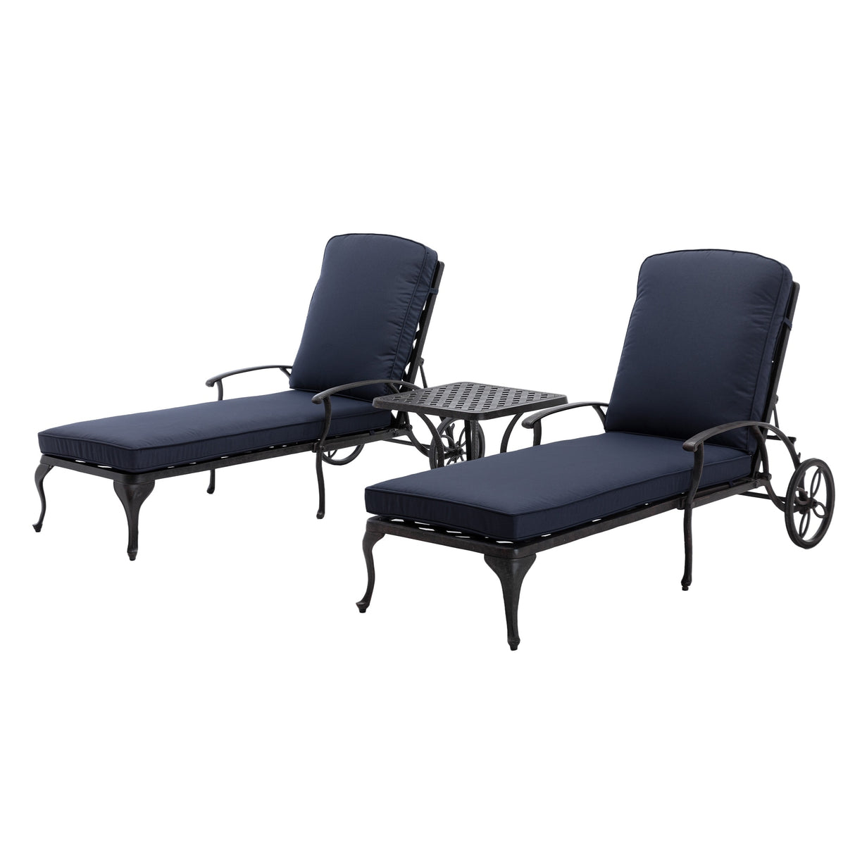3-Piece Aluminum Reclining Outdoor Chaise Lounge with Table and Cushions