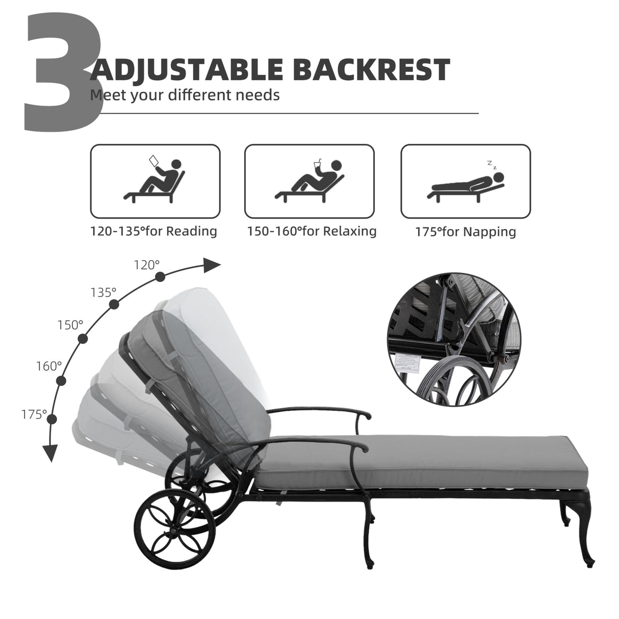 3-Piece Aluminum Reclining Outdoor Chaise Lounge with Table and Cushions