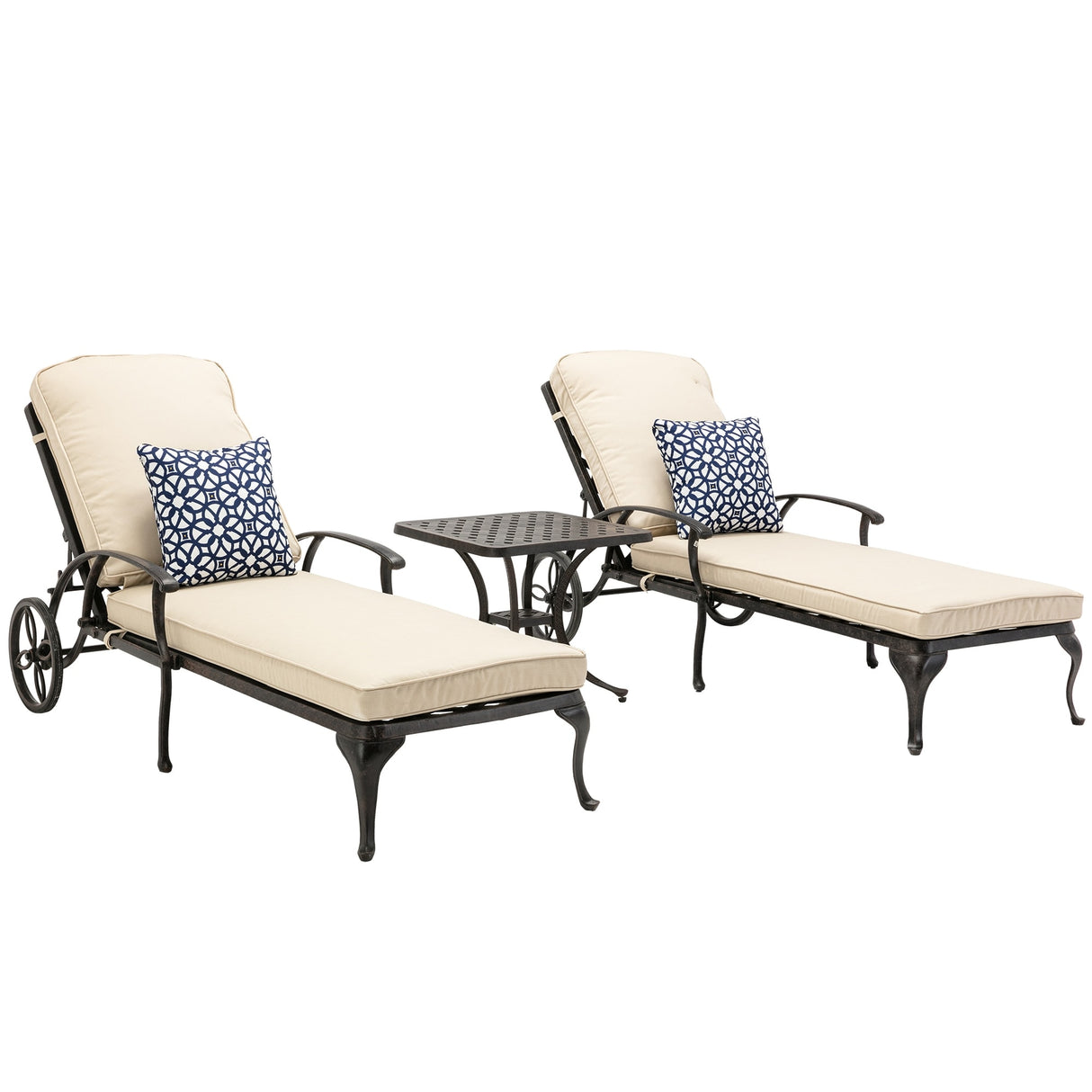 3-Piece Aluminum Reclining Outdoor Chaise Lounge with Table and Cushions