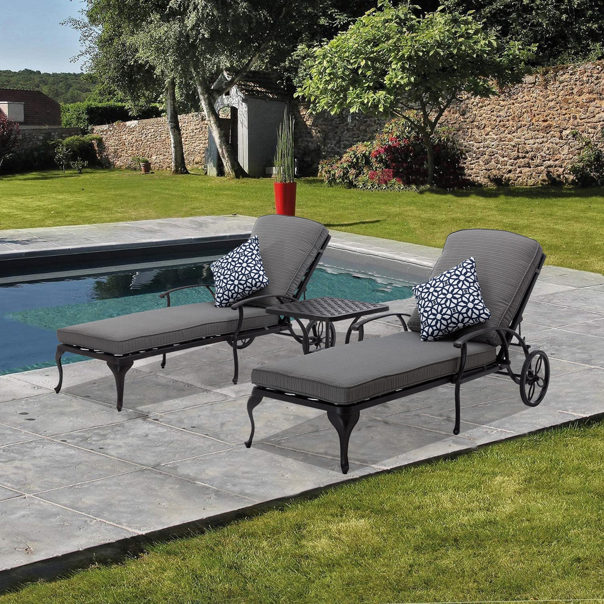 3-Piece Aluminum Reclining Outdoor Chaise Lounge with Table and Cushions