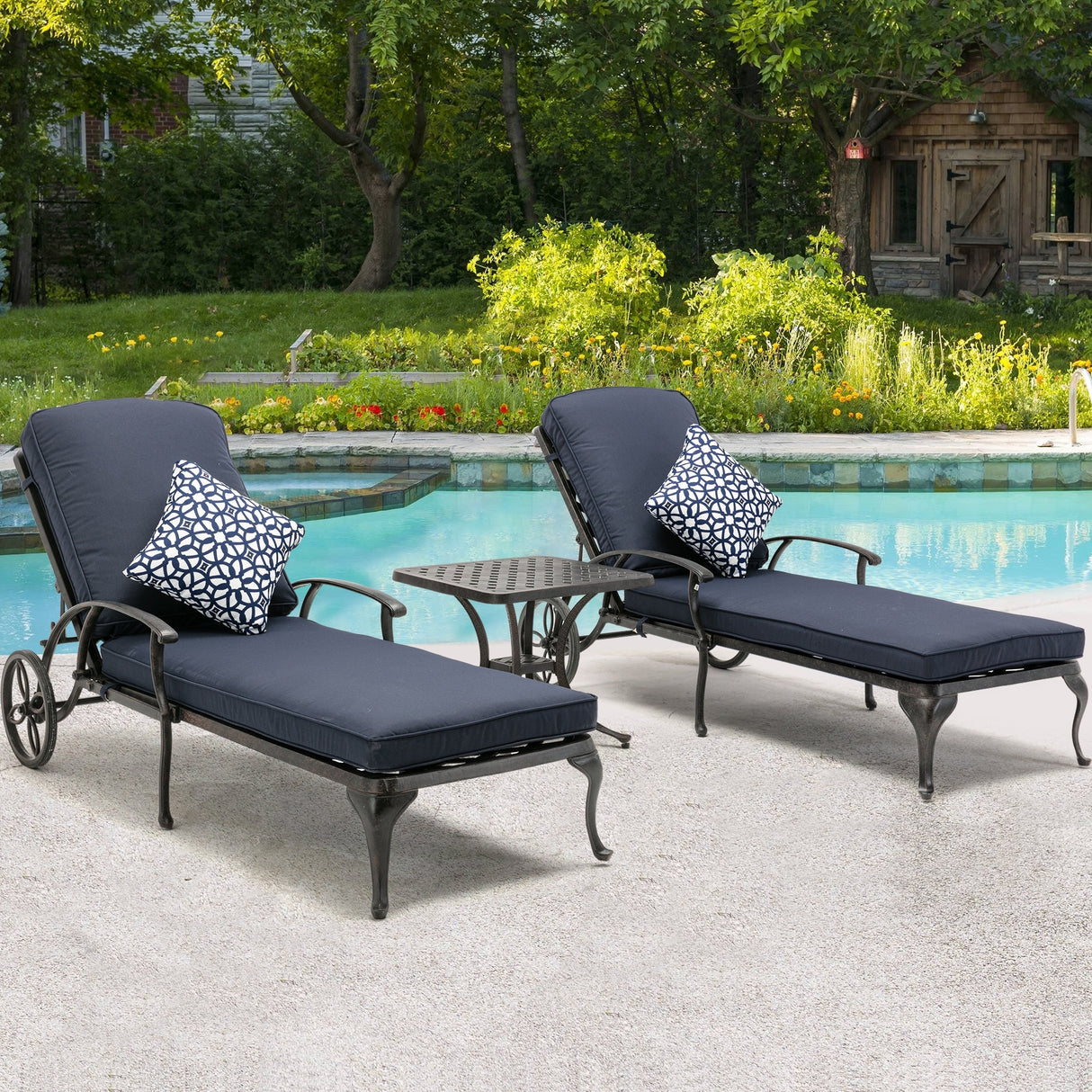 3-Piece Aluminum Reclining Outdoor Chaise Lounge with Table and Cushions