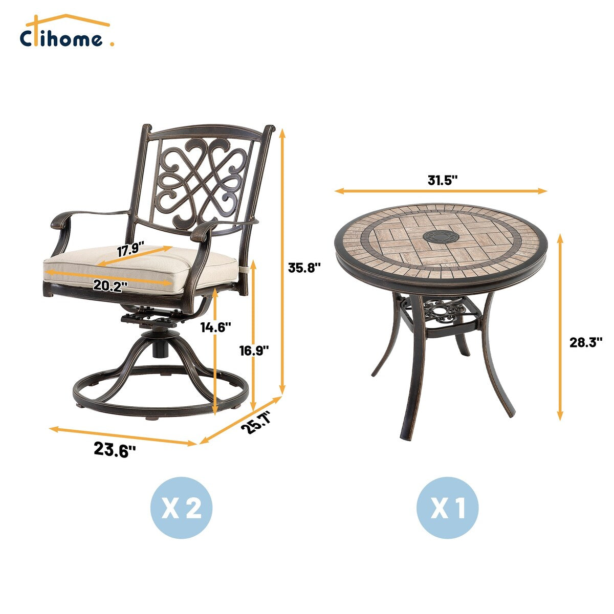 3 Piece Cast Aluminum Dining Set with Dining Table