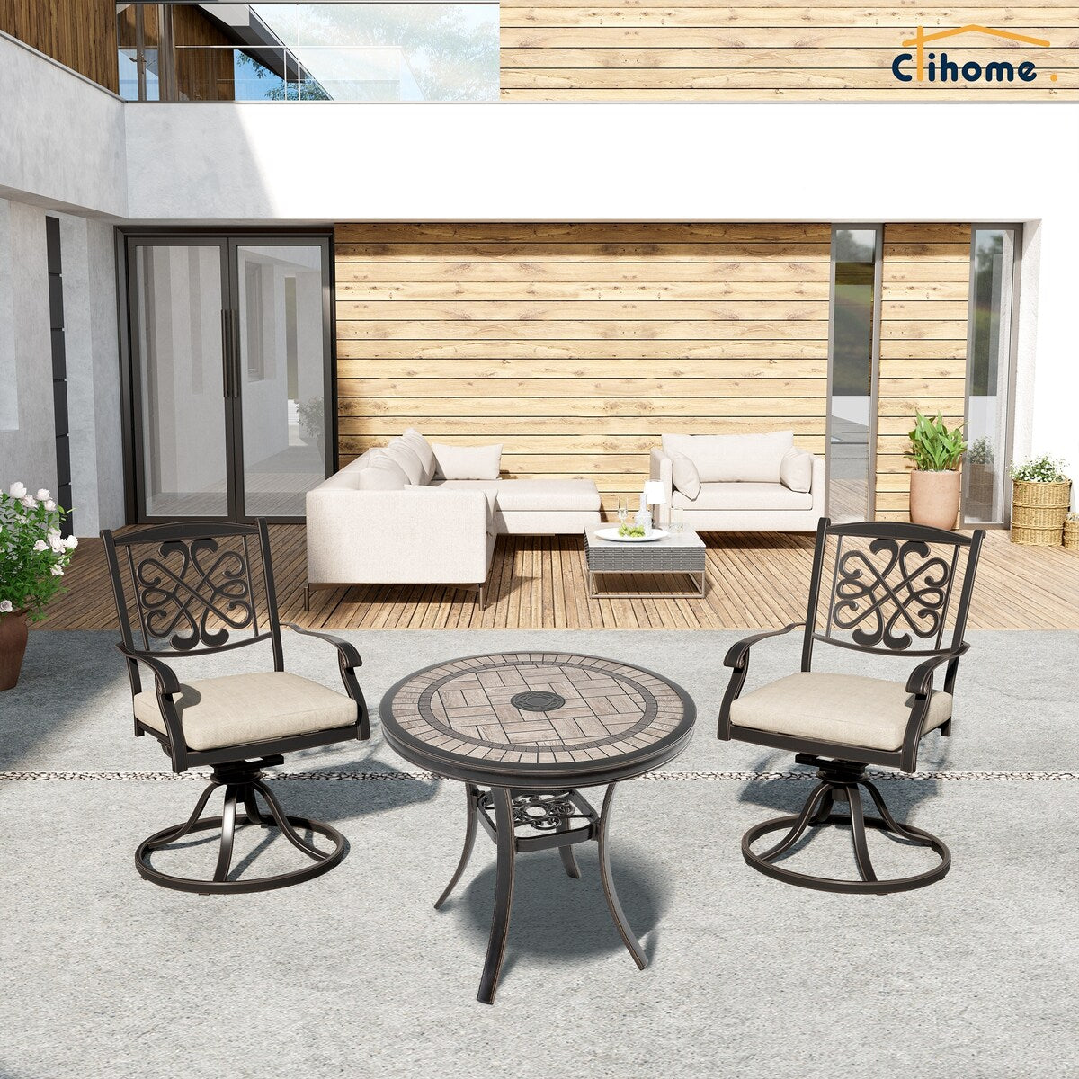 3 Piece Cast Aluminum Dining Set with Dining Table