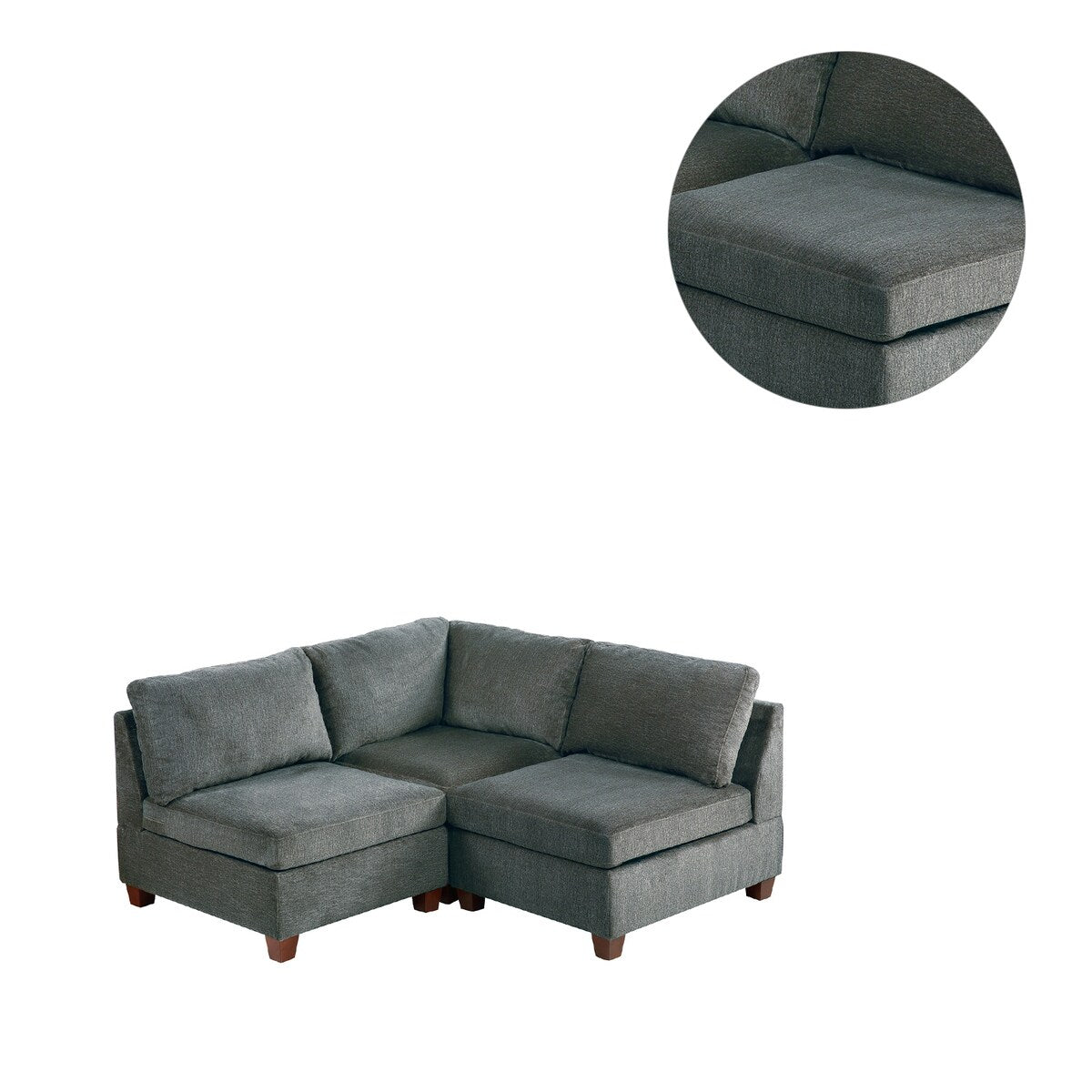 3 Piece Chenille Fabric Modular Corner Sofa and Armless Chair Set