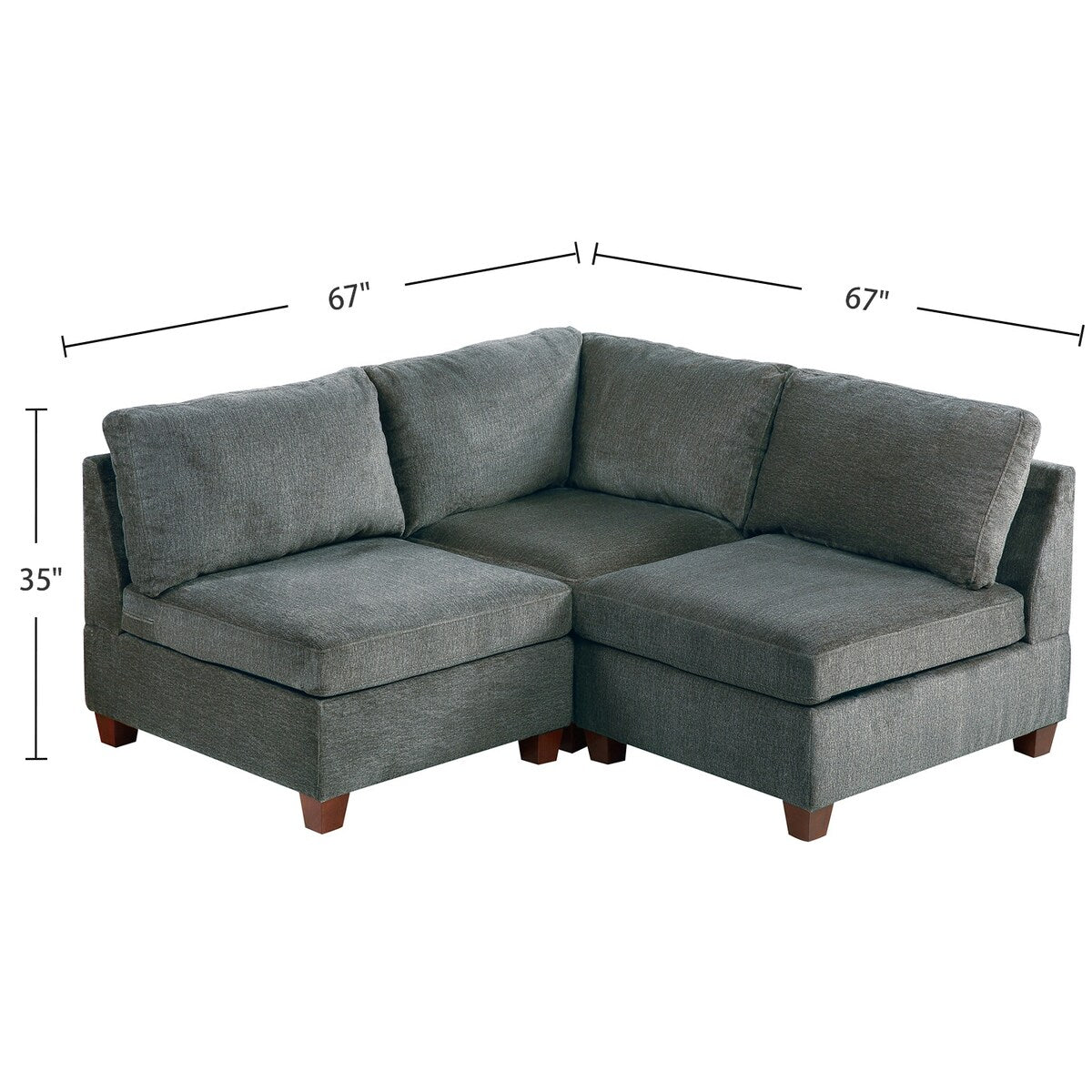 3 Piece Chenille Fabric Modular Corner Sofa and Armless Chair Set