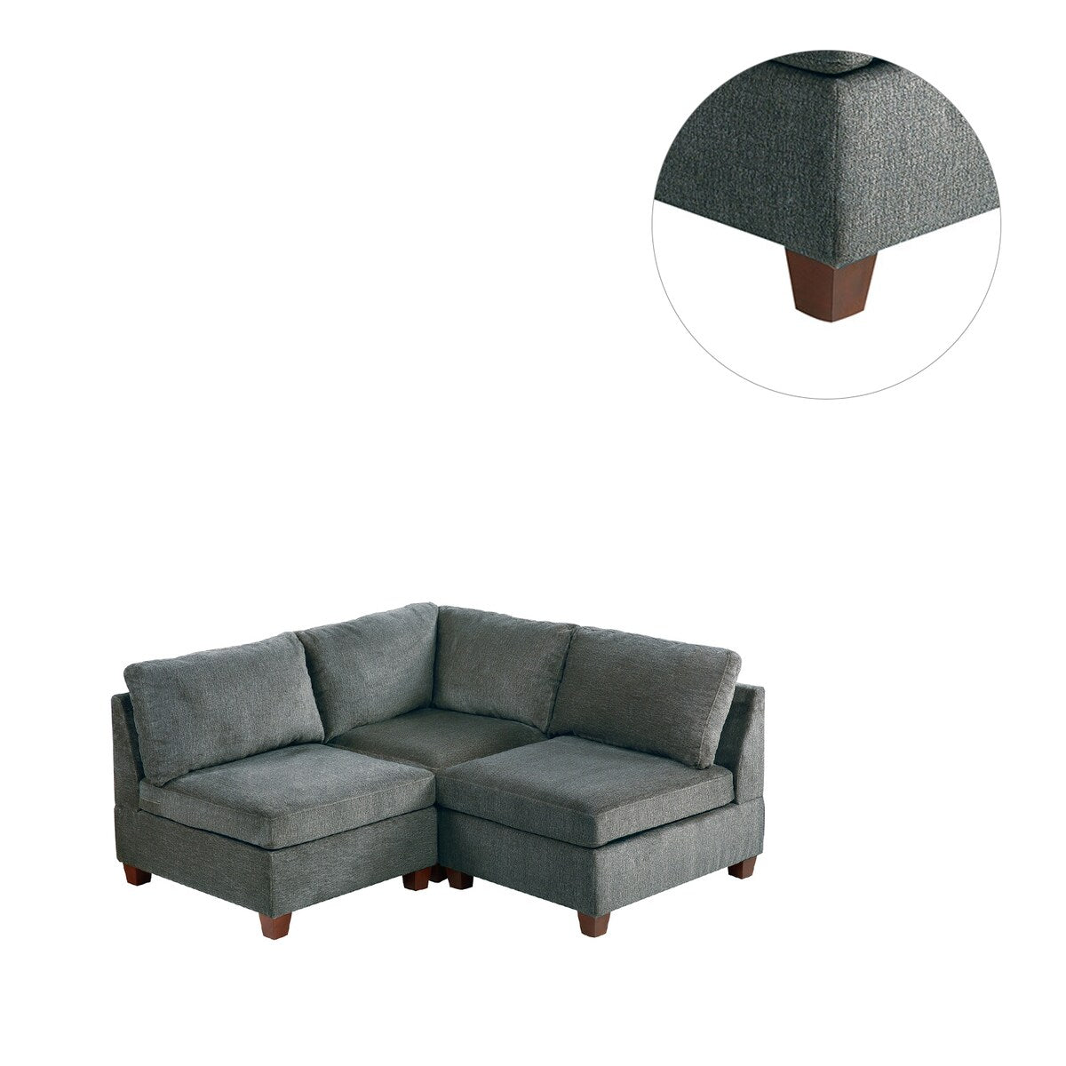 3 Piece Chenille Fabric Modular Corner Sofa and Armless Chair Set