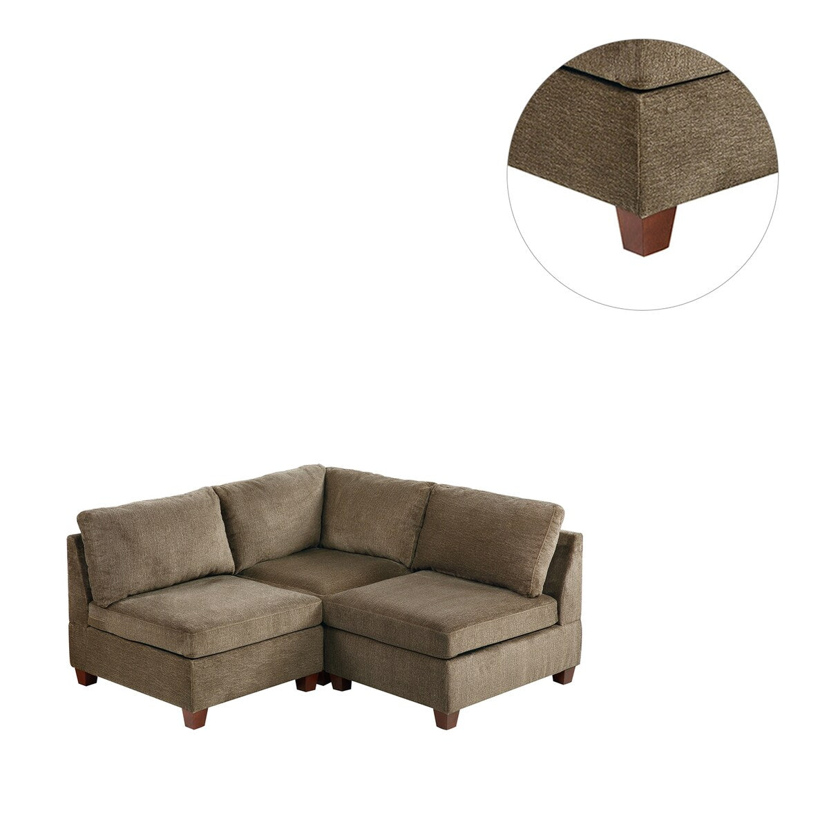 3 Piece Chenille Fabric Modular Corner Sofa and Armless Chair Set