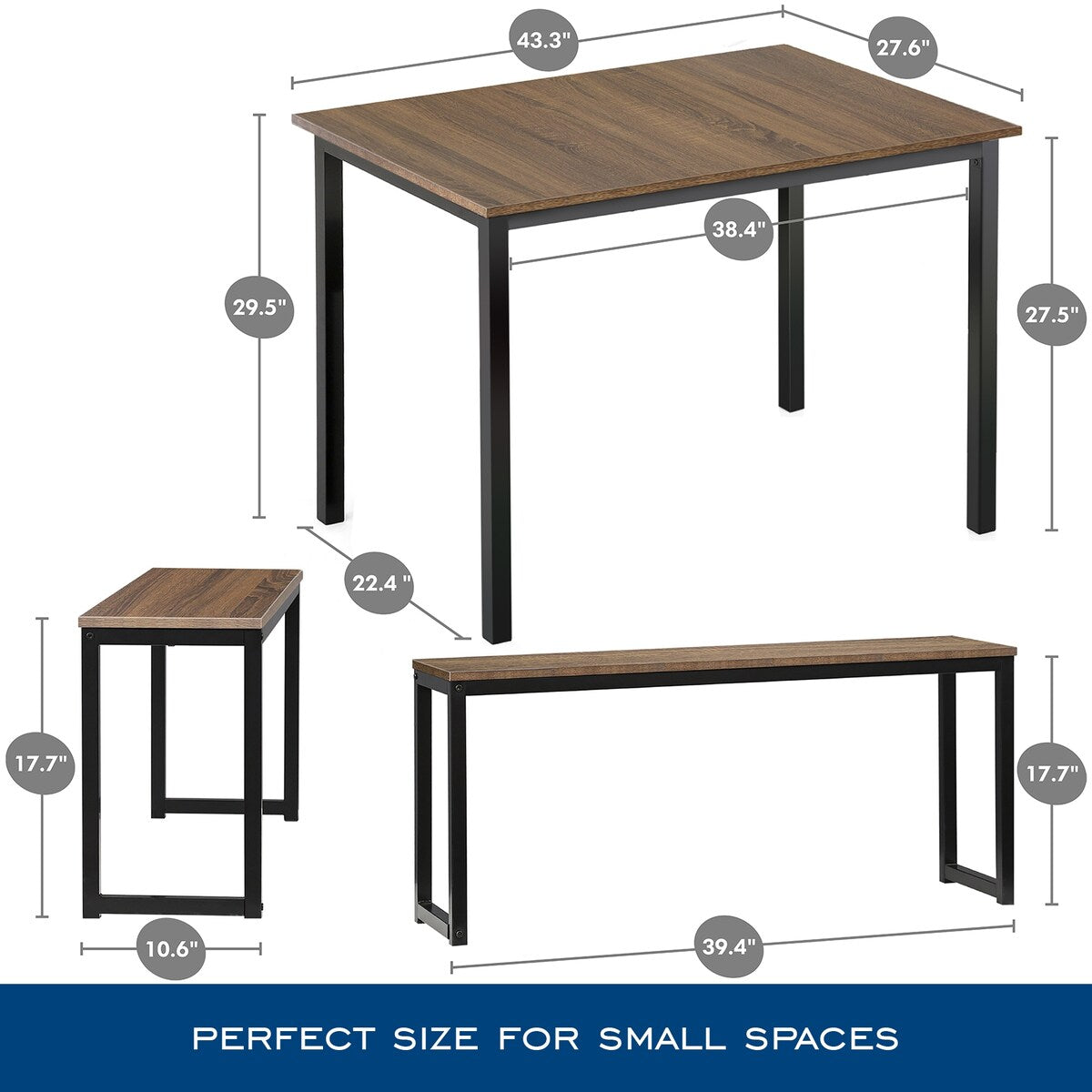 3 Piece Dining Table Set Breakfast Nook with Two Benches for Dining Room, Kitchen