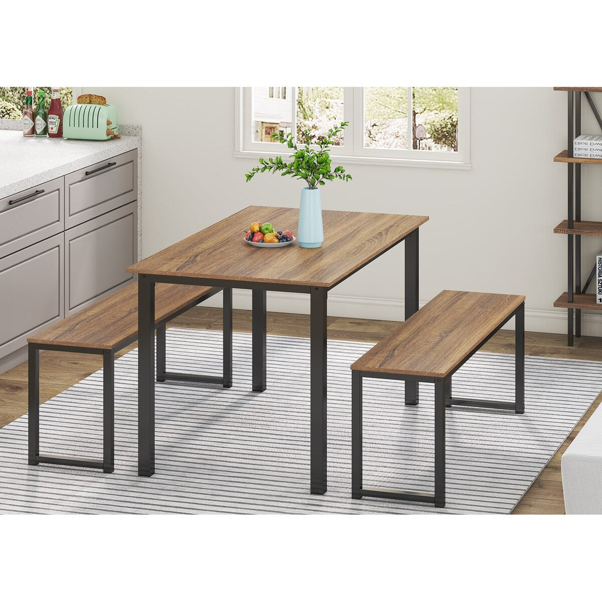 3 Piece Dining Table Set Breakfast Nook with Two Benches for Dining Room, Kitchen