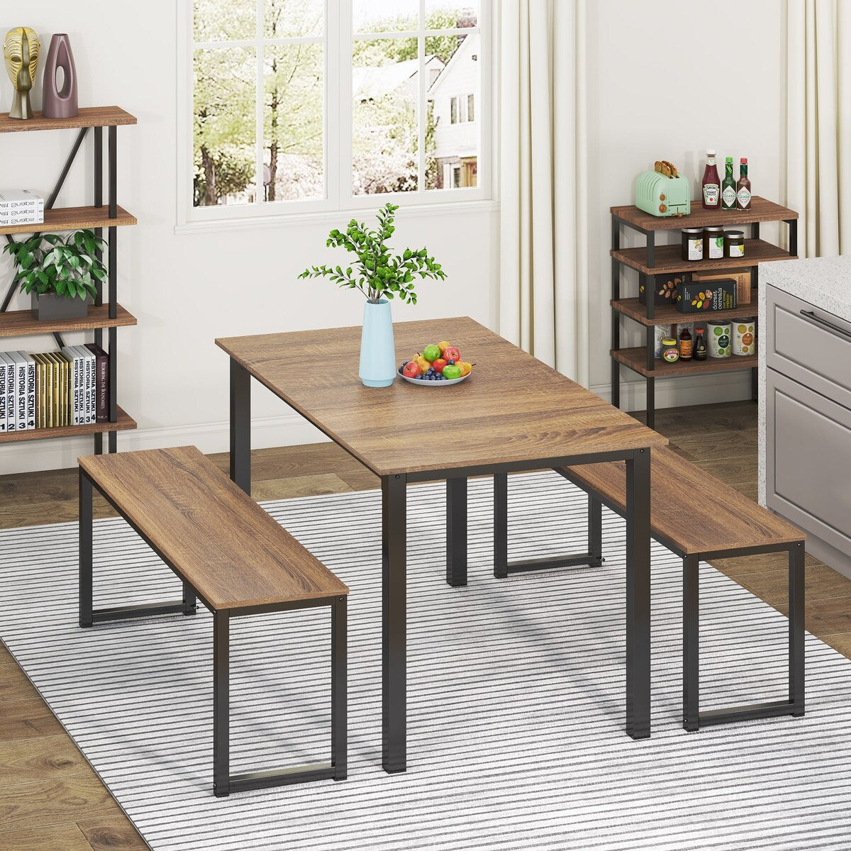 3 Piece Dining Table Set Breakfast Nook with Two Benches for Dining Room, Kitchen