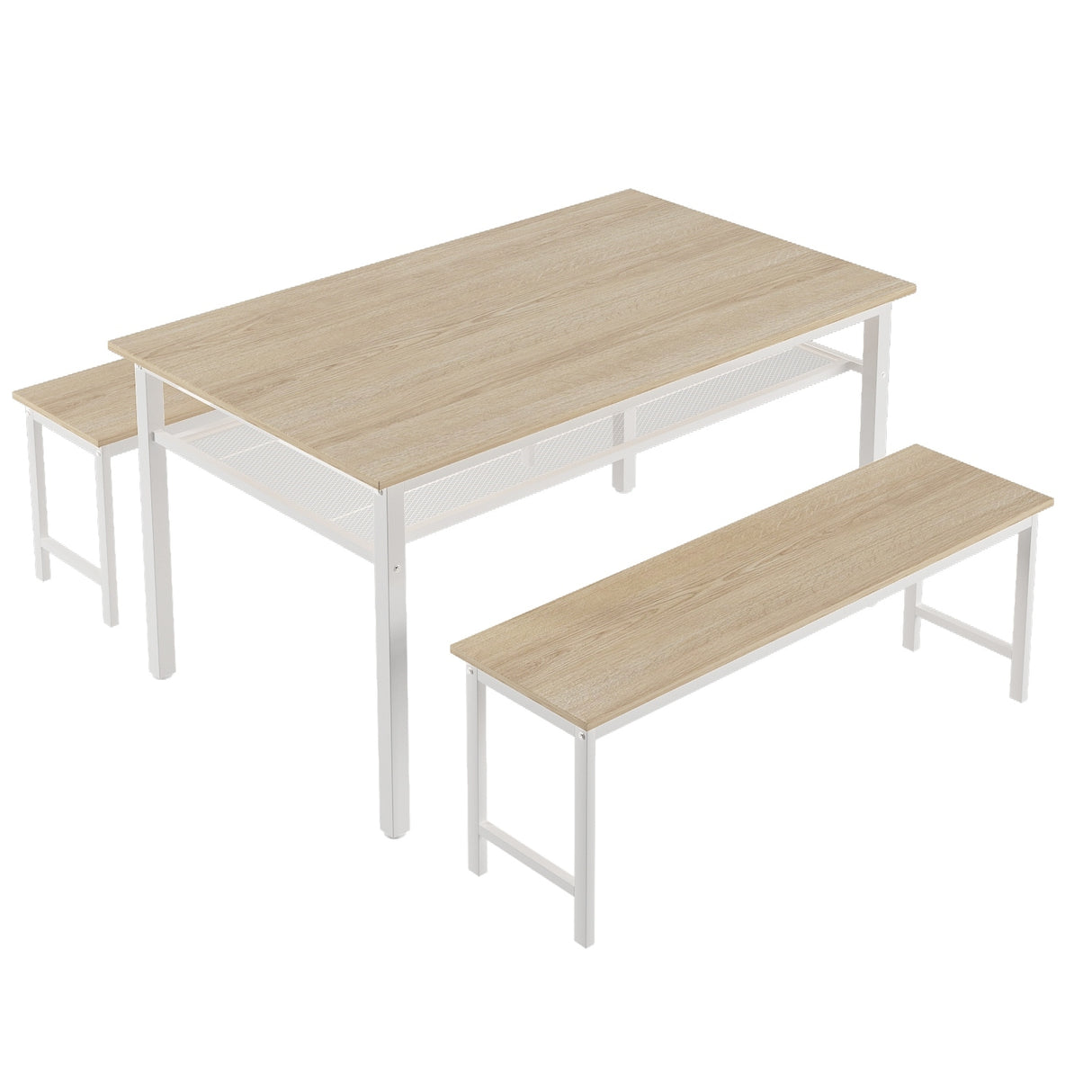 3-Piece Farmhouse Kitchen Table Set with Two Benches, Metal Frame, and MDF Board