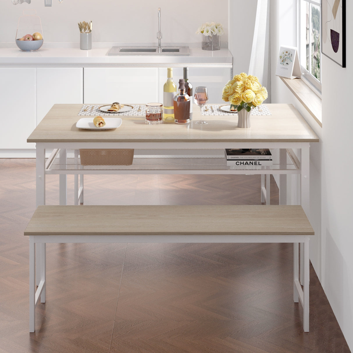 3-Piece Farmhouse Kitchen Table Set with Two Benches, Metal Frame, and MDF Board