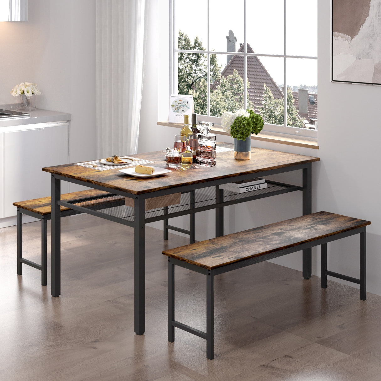 3-Piece Farmhouse Kitchen Table Set with Two Benches, Metal Frame, and MDF Board