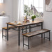 3-Piece Farmhouse Kitchen Table Set with Two Benches, Metal Frame, and MDF Board