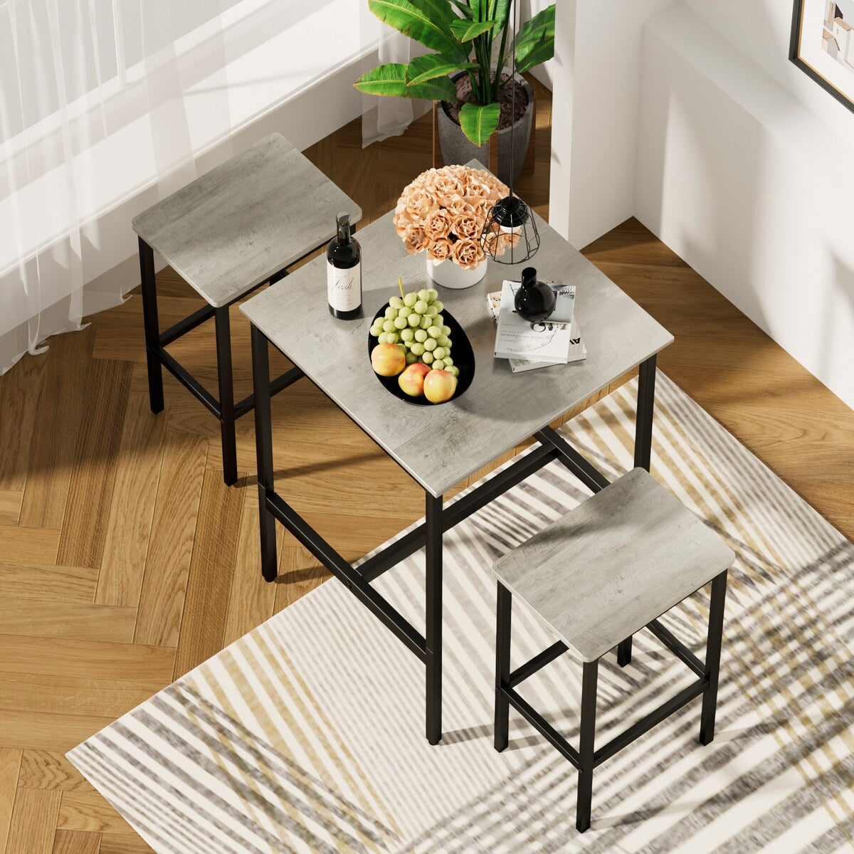 3-Piece Industrial Style Dining Bar Table Set with Square Bar Table and 2 Bar Chairs,Space Saving