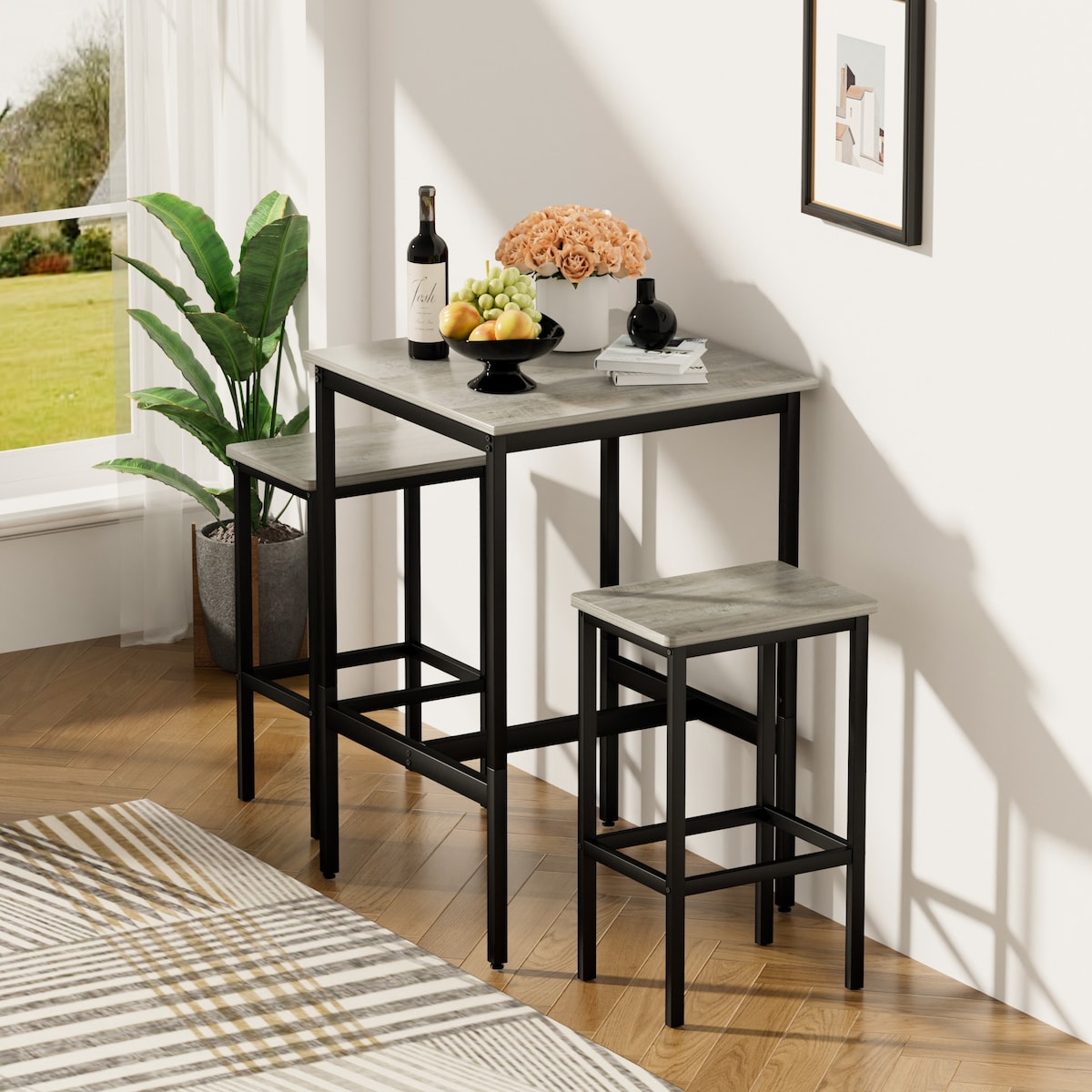 3-Piece Industrial Style Dining Bar Table Set with Square Bar Table and 2 Bar Chairs,Space Saving
