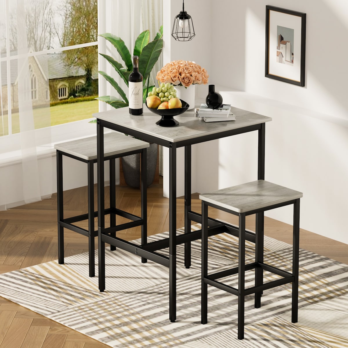 3-Piece Industrial Style Dining Bar Table Set with Square Bar Table and 2 Bar Chairs,Space Saving