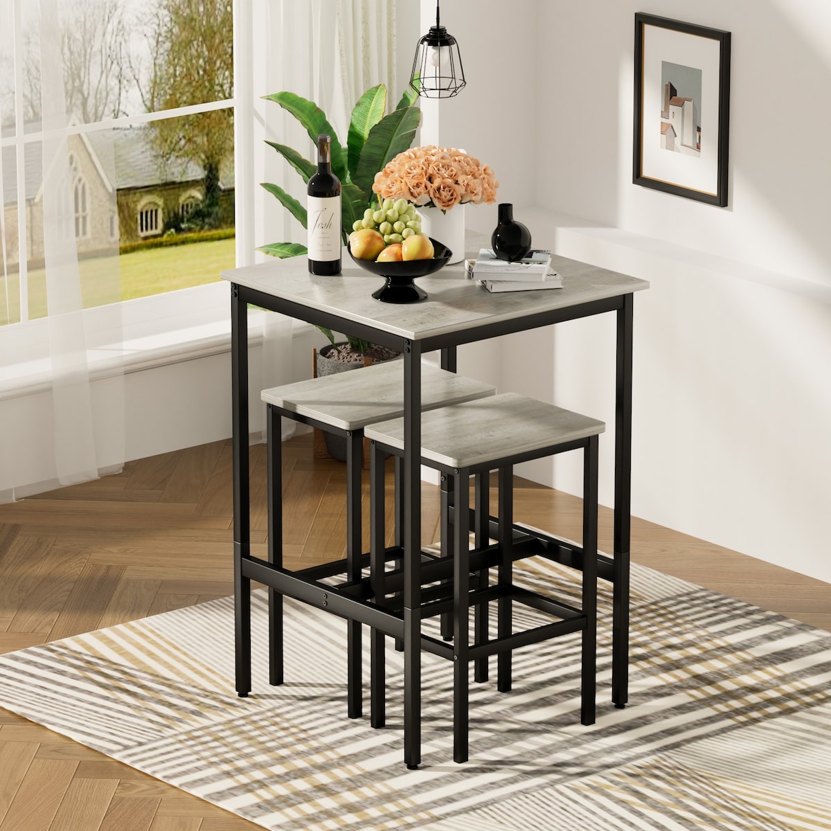 3-Piece Industrial Style Dining Bar Table Set with Square Bar Table and 2 Bar Chairs,Space Saving