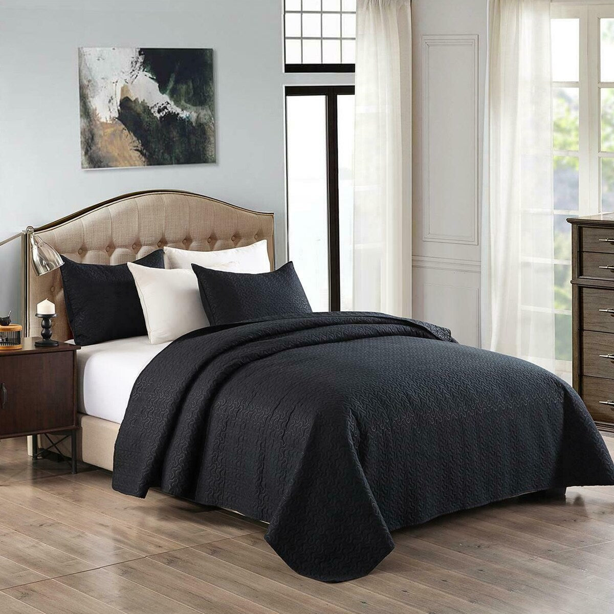 3 Piece King Size Quilt Set With Pillow Shams Black