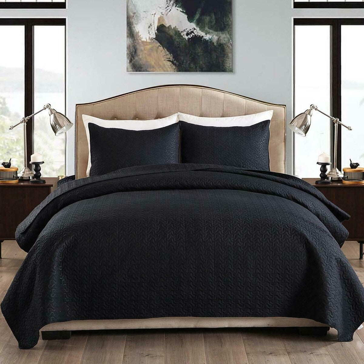 3 Piece King Size Quilt Set With Pillow Shams Black