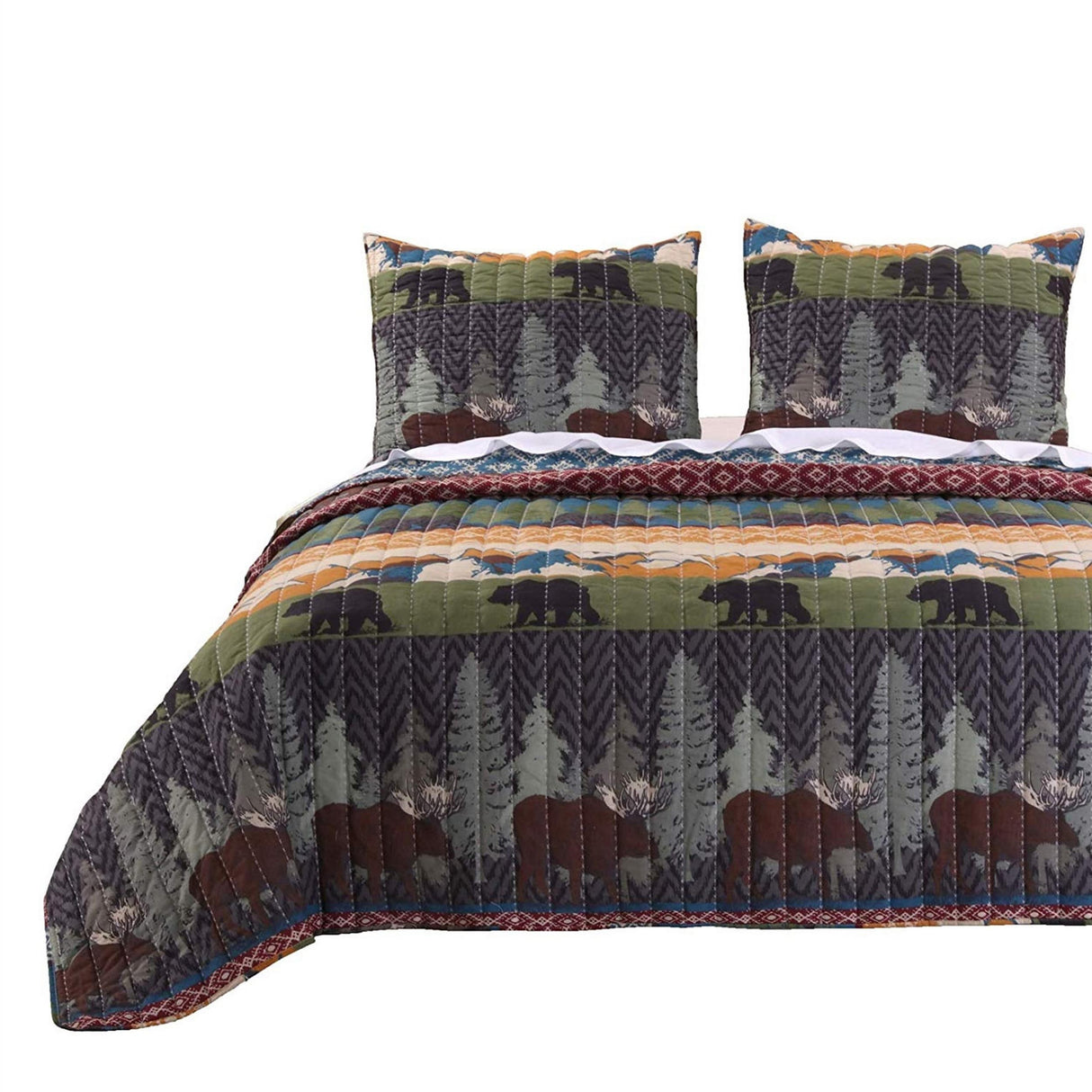 3 Piece King Size Quilt Set with Nature Inspired Print, Multicolor