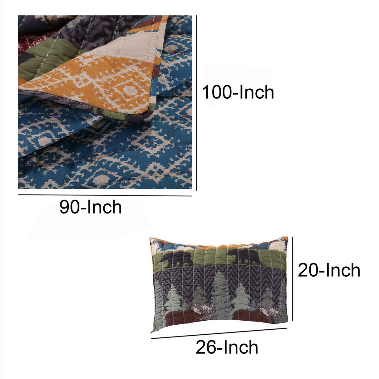 3 Piece King Size Quilt Set with Nature Inspired Print, Multicolor