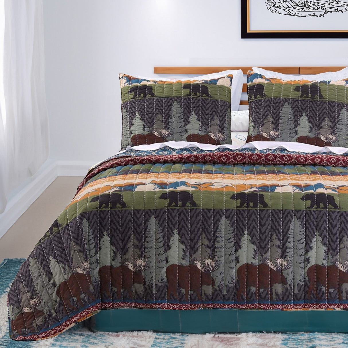 3 Piece King Size Quilt Set with Nature Inspired Print, Multicolor