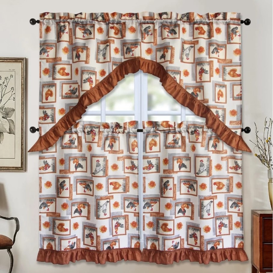3 Piece Kitchen Curtain Rod Pocket Decorative Window Treatment Valance & Swag Curtain Set