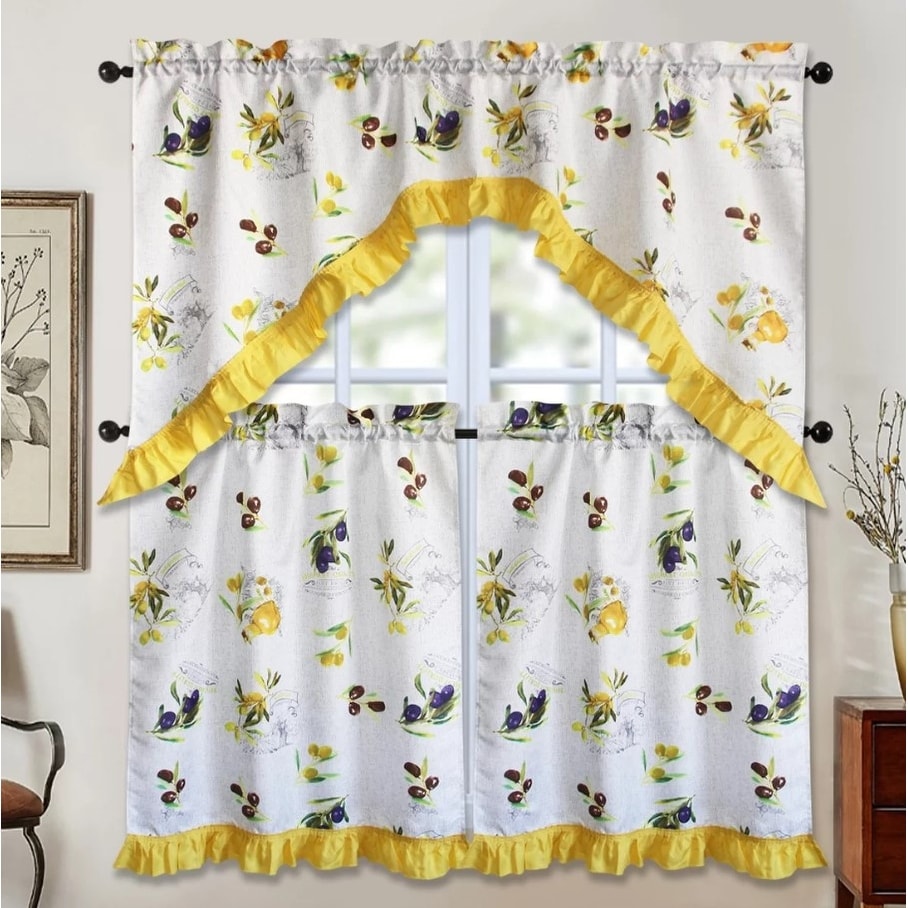 3 Piece Kitchen Curtain Rod Pocket Decorative Window Treatment Valance & Swag Curtain Set