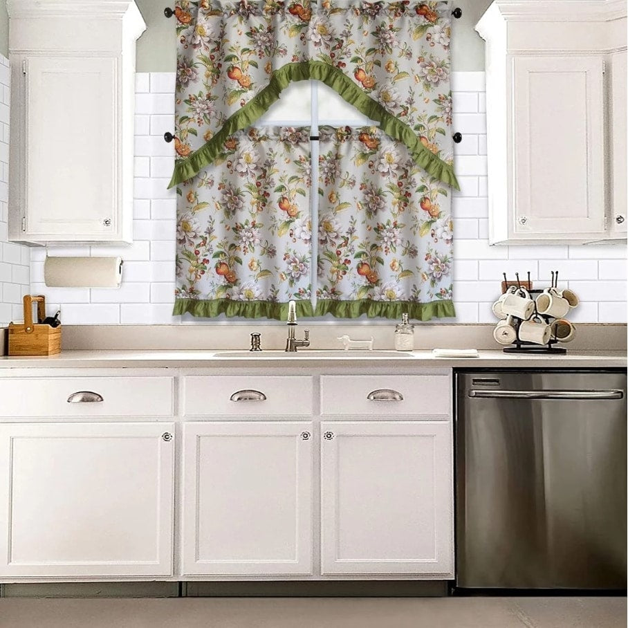 3 Piece Kitchen Curtain Rod Pocket Decorative Window Treatment Valance & Swag Curtain Set