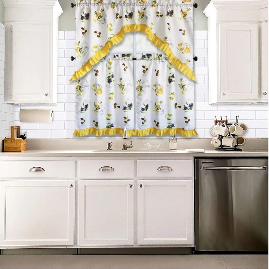 3 Piece Kitchen Curtain Rod Pocket Decorative Window Treatment Valance & Swag Curtain Set