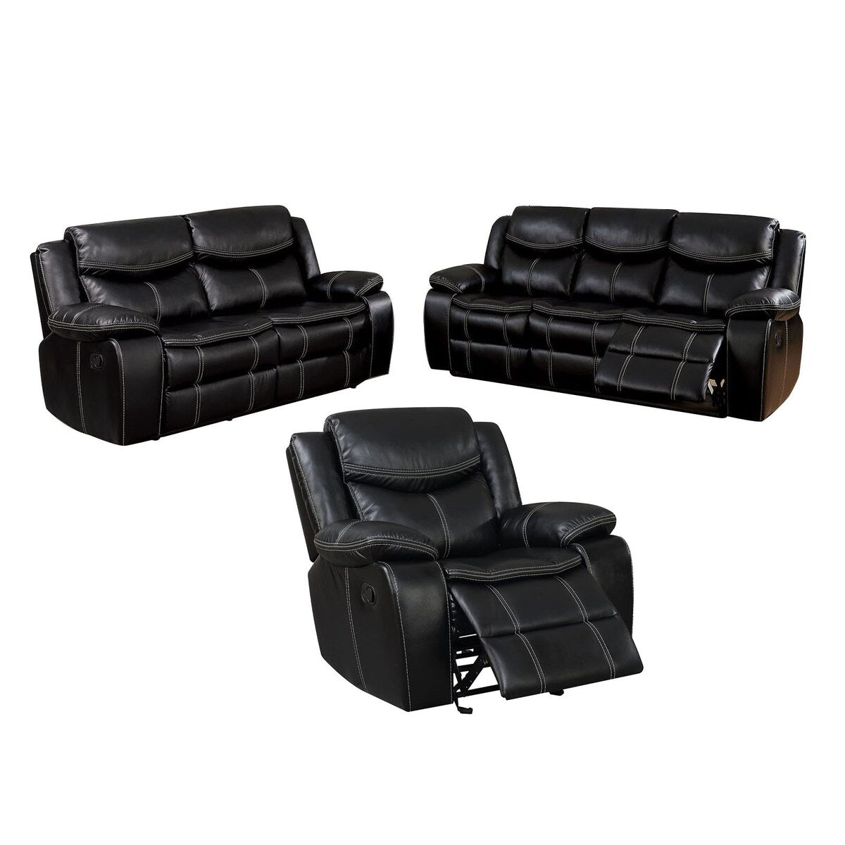 3 Piece Leatherette Reclining Sofa Set, Black