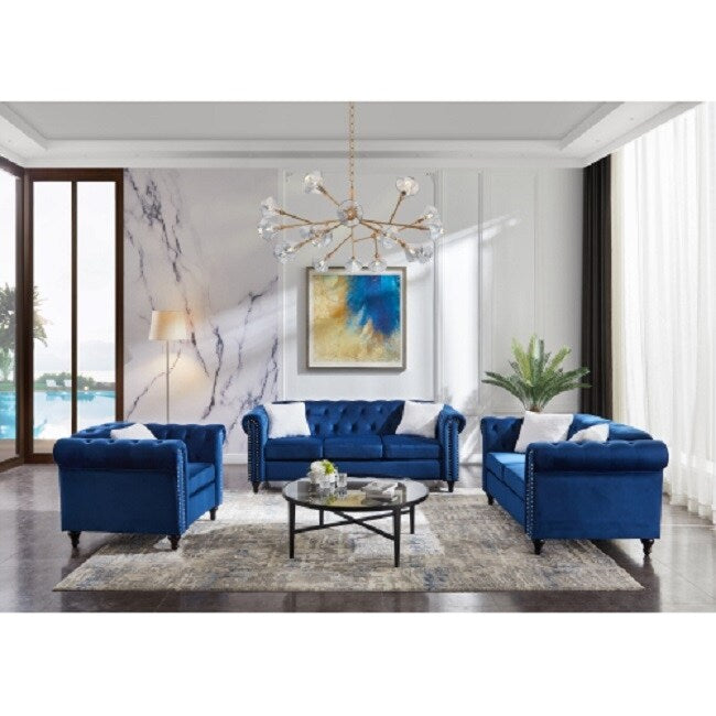 3 Piece Living Room Sofa Set, including 3-seater sofa, loveseat and sofa chair, with button and copper nail on arms and back