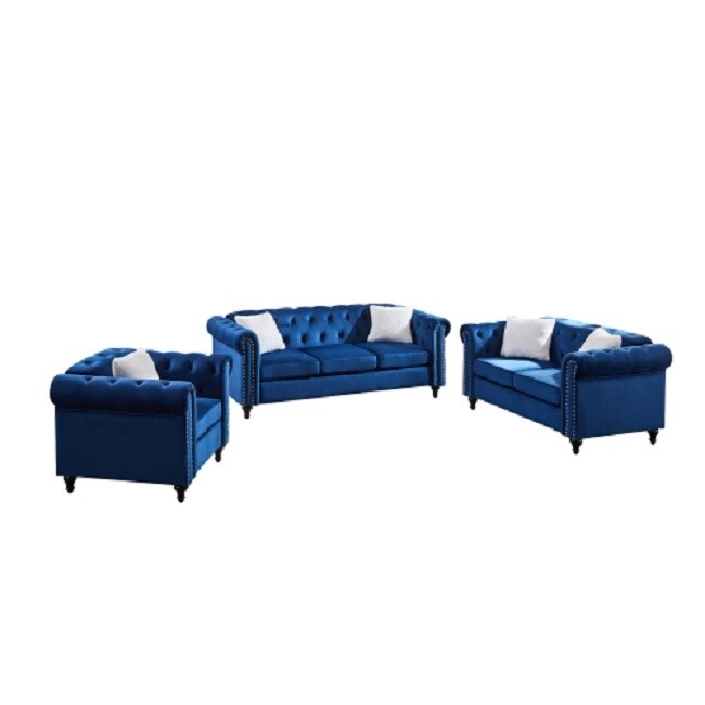 3 Piece Living Room Sofa Set, including 3-seater sofa, loveseat and sofa chair, with button and copper nail on arms and back