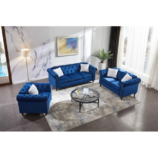 3 Piece Living Room Sofa Set, including 3-seater sofa, loveseat and sofa chair, with button and copper nail on arms and back