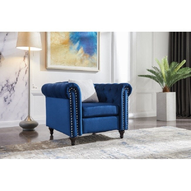 3 Piece Living Room Sofa Set, including 3-seater sofa, loveseat and sofa chair, with button and copper nail on arms and back