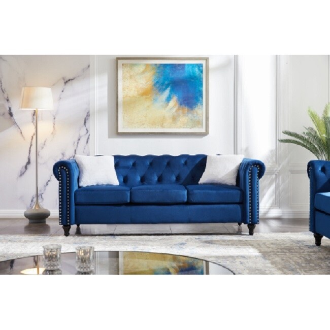 3 Piece Living Room Sofa Set, including 3-seater sofa, loveseat and sofa chair, with button and copper nail on arms and back