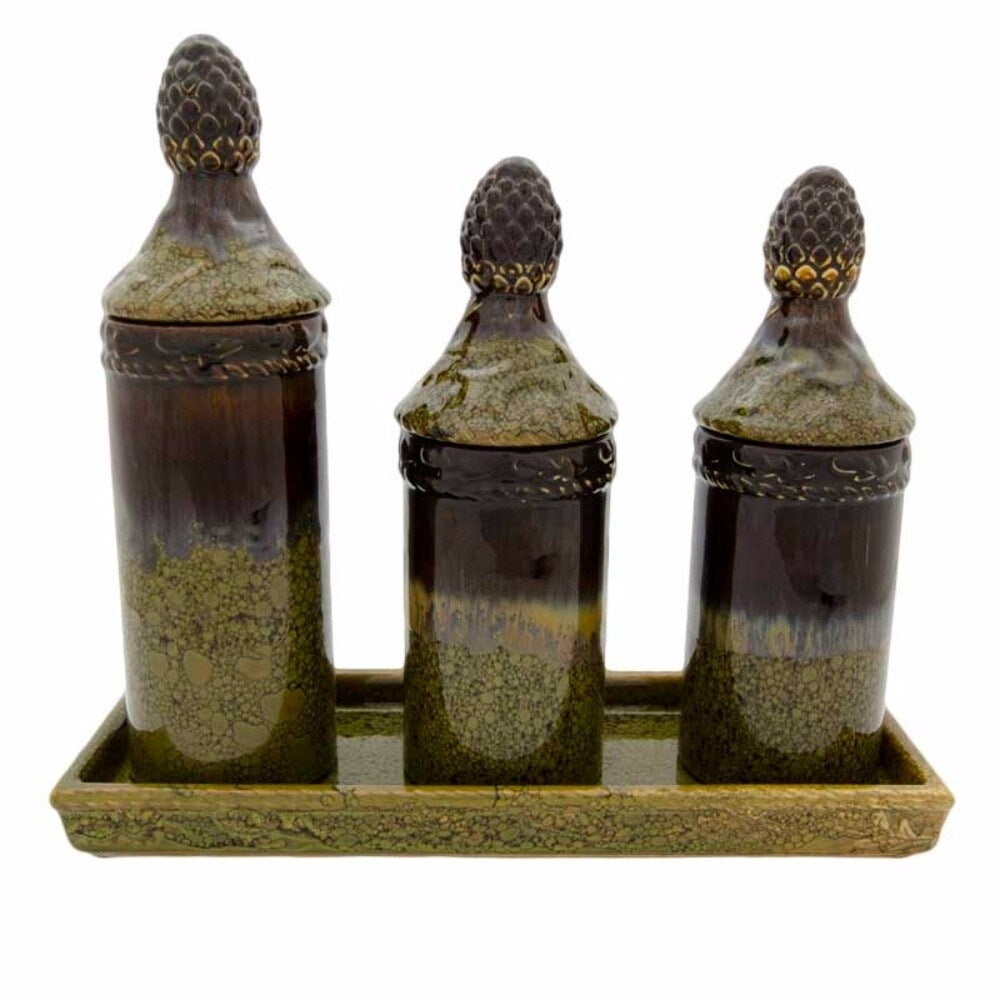 3 Piece Magnificent Ceramic Canister With Plate, Brown